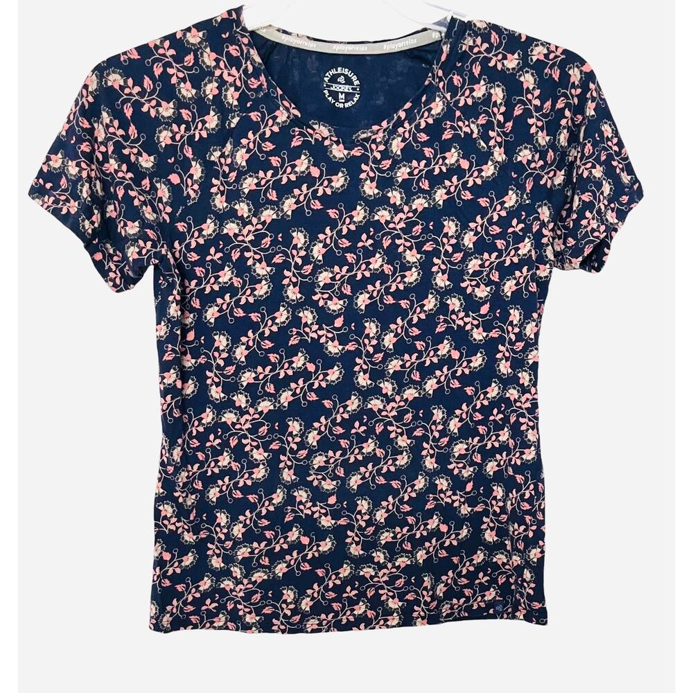 JOCKEY RELAX OR PLAY SHORT SLV T-SHIRT, WOMENS, M, NAVY BLUE-PINK GREEN FLORAL